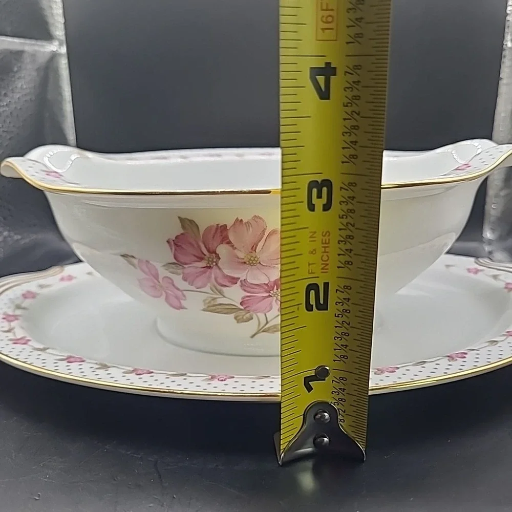 Vintage Noritake Elaine 5210 Gravy Boat Underplate‎ Pink Floral Gold Trim